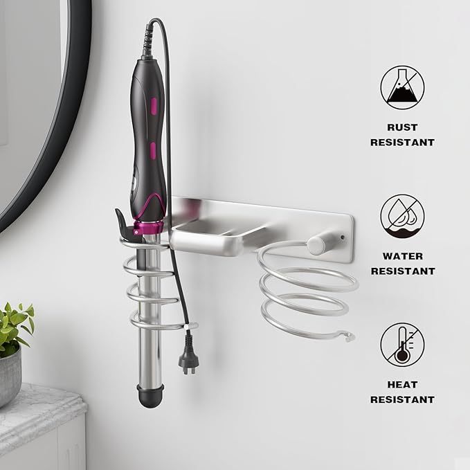 hicorfe Hair Dryer Holder 3 in 1 Hair Tool Organizer,Blow Dryer Holder Wall Mounted,Bathroom Bedroom Care Styling for Flat Iron,Curling Iron,Hair Straightener(Silver)