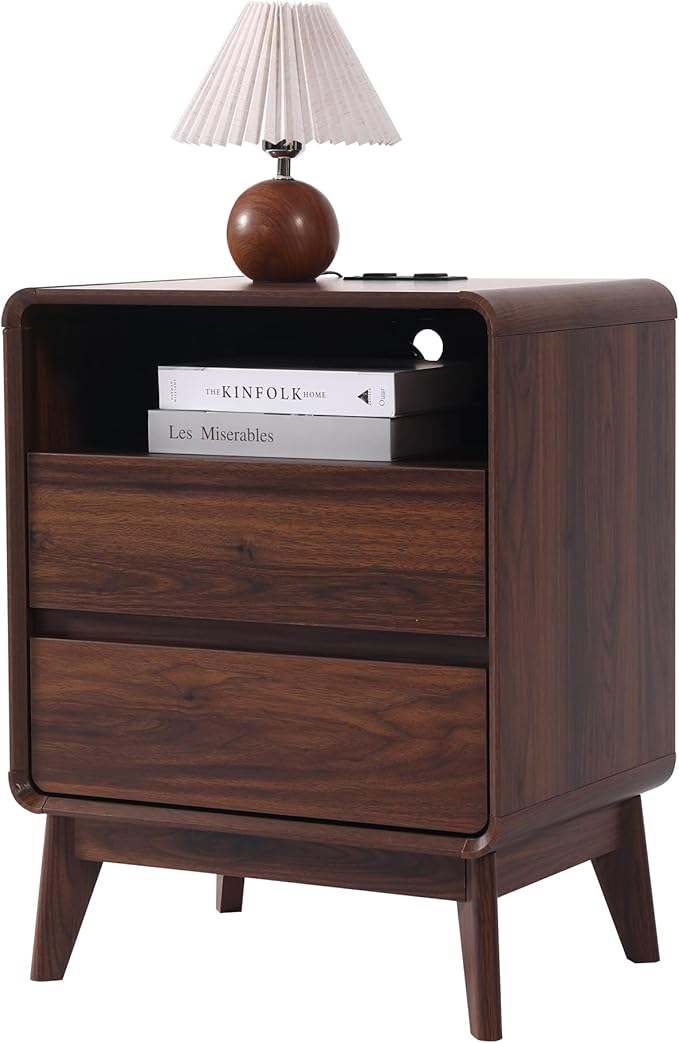 GlowVitaHome Nightstand, Wood Bedside Table with 2 Drawers and Open Storage Shelf, Accent End Table with Solid Wood Legs for Bedroom,Walnut