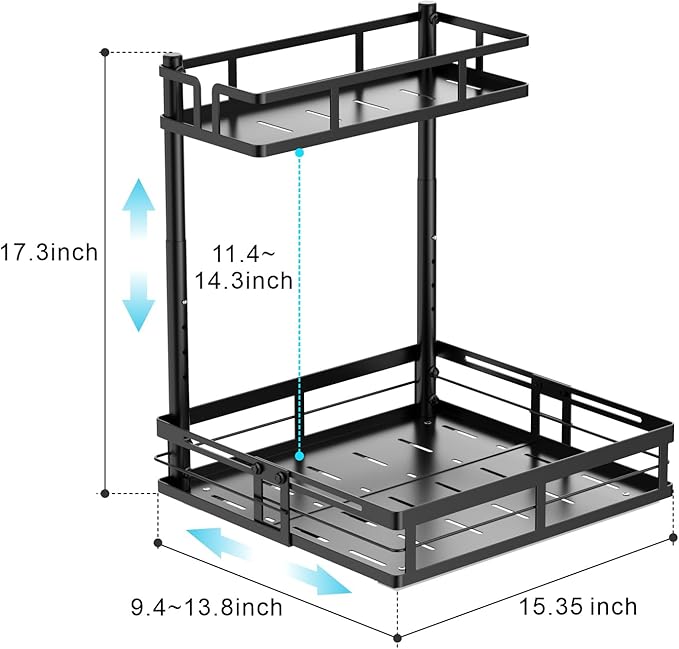 iSPECLE Under Kitchen Sink Organizer - 2 Pack Height Adjustable Pull Out Cabinet Organizer Fit Around Plumbing & Disposal, Heavy-Duty Undersink Storage Sliding Get Item for 30" - 36" Wide Sink Cabinet