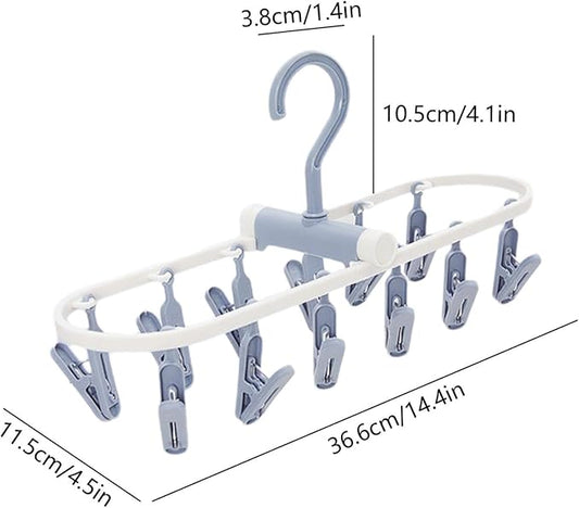 Portable Foldable Clothes Drying Rack, 20 Rotating Clips, Multi-Purpose Laundry Hanger for Underwear, Socks, Indoor/Outdoor Use, Compact, Lightweight, Convenient for Travel and Dorms (Blue)