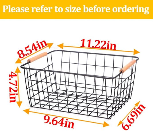 LeleCAT Wire Baskets with Wooden Handles Wire Storage Organizer Bin Baskets, Pantry, Closets, Bedrooms - Set of 2(Black)