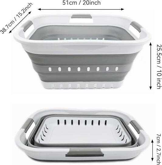 SAMMART 30L (8 gallon) Collapsible 3 Handled Plastic Laundry Basket - Foldable Pop Up Storage Container/Organizer - Space Saving Hamper/Basket (White/Grey)
