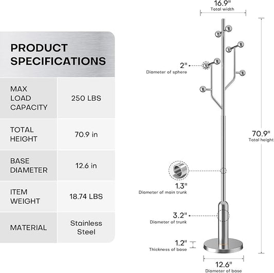 Coat Rack Freestanding with Stainless Steel Marble Base, 8 Ball-shaped Hooks, Heavy-Duty Standing Coat Rack, Coat Hanger Stand for Bedroom Entryway Hallway, Hat, Bags, Long Dresses, Silver