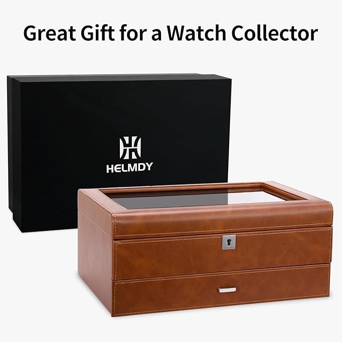 HELMDY Leather Watch Box with Drawer-10 Slots Locking Jewelry Watches Holder for Men-Luxury Watch Case Display Organizer-2 Tier Organizer Watch Showcase-Storage Case