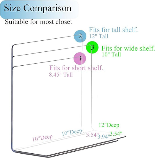 Acrylic Shelf Dividers for Closet Organization: 10" Tall Clear Closet Dividers for Shelves - Free-Standing Shelf Separators for Clothes Sweater Purse