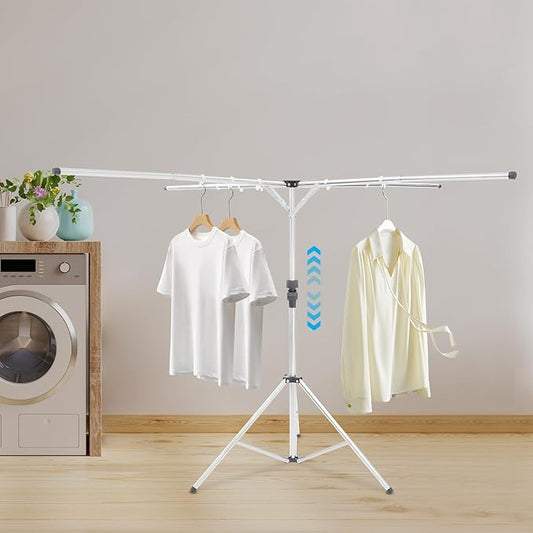Folding Tripod Clothes Drying Rack, Silver Portable Drying Rack, Adjustable Height and Extendable, X-Shaped Adjustable Laundry Rack with 10 Windproof Hooks for Drying Skirts, Shirts, Pants