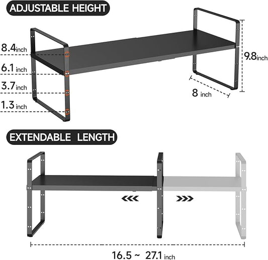 jkxoo 16.5-27’’L Expandable Cabinet Shelf Organizers, Stackable Metal Shelves Extender for Kitchen Countertop Storage, Adjustable Spices Shelves Rack Stand for Cupboard Pantry, Black