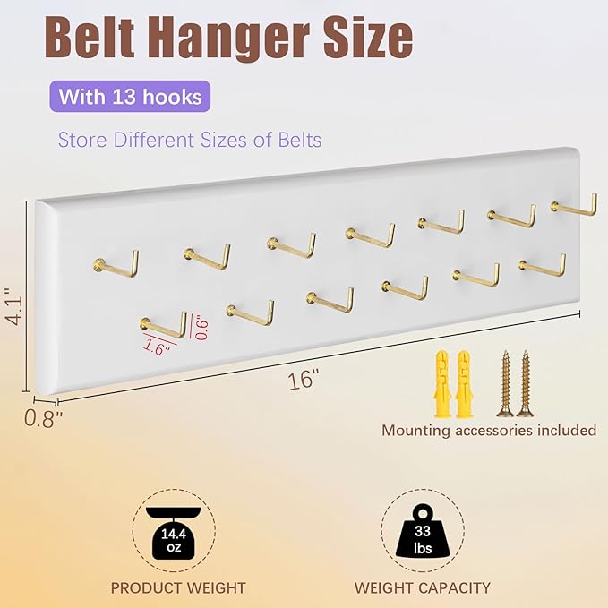 Creproly Belt Hanger Wall Mount Belt Organizer for Closet, Holds Over 28 Belts Wooden Wall Mounted Belt Rack Storage Tie and Scarf Hanger for Closet, Wall, Door (White)