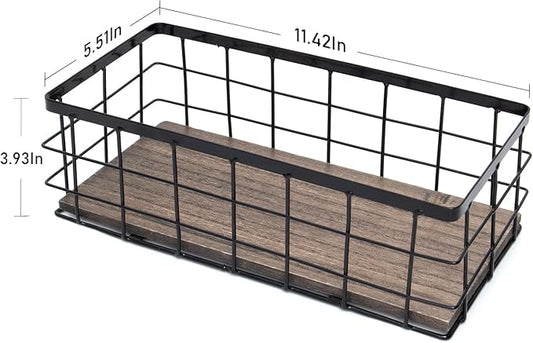 ROSE BLOOM Small Metal Wire Storage Basket, Decorative Wood Base Organizer Bins for Bathroom, Kitchen, Laundry Room, Pantry, Basket for Toilet Paper, Fruits, Spices(1 Pack