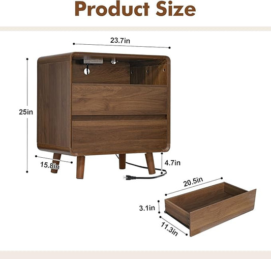 Nasonet Night Stand Set of 2 with Charger Station, Mid Century Modern Nightstand with 2 Drawers, Wood Bedside Table for Bedroom, Curved Beveled Design, Walnut