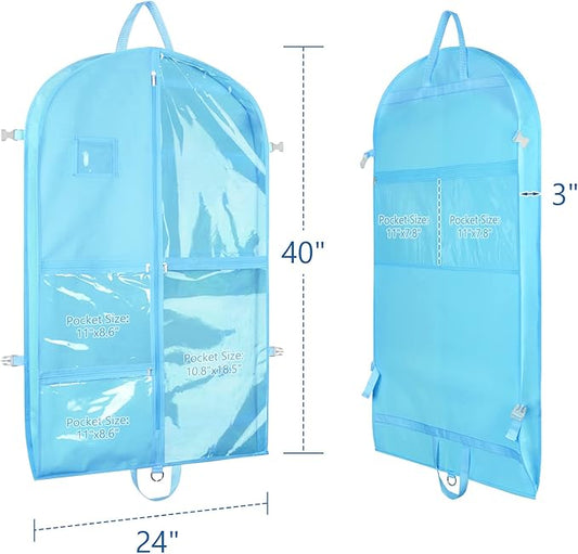 Zilink Clear Dance Costume Bags 40 Inch Garment Bag for Boys Girls with 5 Clear Zipper Pockets for Dance Costumes Closet Storage, Blue