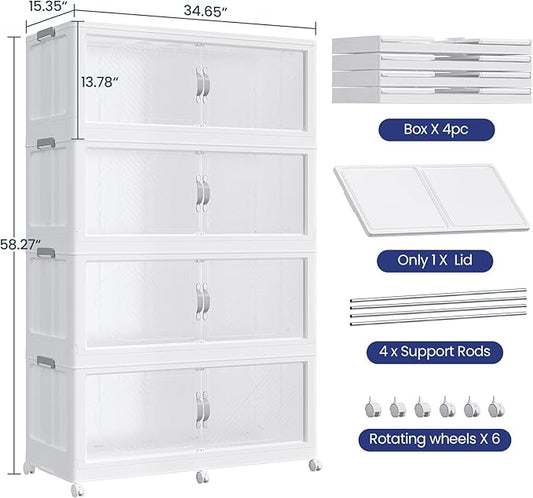 960QT Extra Large Stackable Storage Bins with Lid, 240Gal Plastic Closet Organizers and Storage Drawer, Collapsible Cabinet Box with Wheels Clear Doors for Home Kitchen Office, 4Pack White