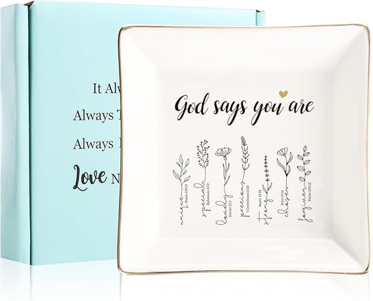 JOYIMARR God Says You Are Flower Ring Dish-Christian Religious Spiritual Gifts for Women Friends Mom Sister Christmas Birthday
