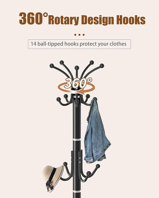 Metal Coat Rack Stand with Natural Marble Base, Modern Coat Rack Freestanding, 360°Rotary Coat Racks with 14 Hooks, Black Coat Stand Hall Tree Hanger Stand for Entryway, Office,Corner