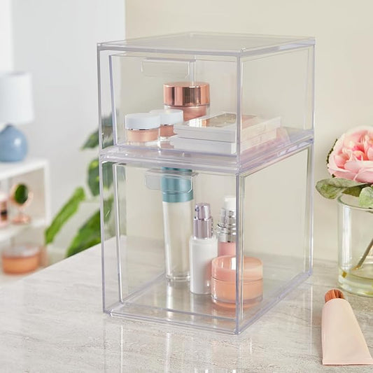 STORi Audrey Stackable Clear Bin Plastic Organizer Drawers | 2 Piece Set | Organize Cosmetics and Beauty Supplies on a Vanity | Made in USA