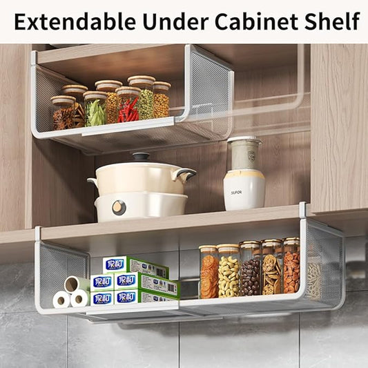 Expandable Under Shelf Basket Organizer, Under Shelf Storage, Hanging Baskets Under Cabinet for Pantry Kitchen Cupboard Desk Counter Bookshelf Space Saver Heavy Duty Slide-in (white, 1 Pack)