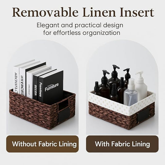 rectangular hyacinth wicker baskets with liners for storage, kitchen, laundry 12x9x5 iNCHES (Brown, 12x9x5 Inches)
