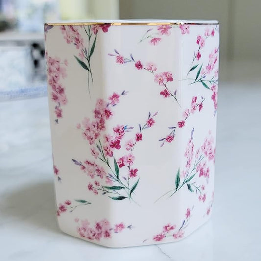 Pen Holder Stand for Desk Floral Pattern Pencil Cup for Girls Kids Durable Ceramic Desk Organizer Makeup Brush Holder for Office Classroom Home Pink Flowers