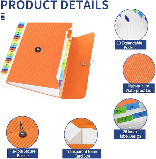 Expanding File Folder, 13 Pockets Accordian File Holder Organizer, A4 Letter Size Paper Document Receipt Organizer Accordion Filing Folder for Classroom, Home, Office and Travel, Orange