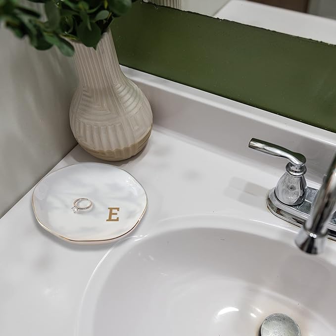 VINCOMIC Initials Ring Dish Jewery Tray with Personalized E-Monogrammed Gifts Wedding Engagement for Women Friends sister,Ceramic White