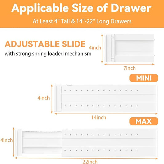 REBECAT 12 Pack Drawer Dividers for Clothes Adjustable 4" High Expandable from 15"-21" Drawer Dividers for Dresser Baby Clothes Bathroom,Bedroom Kitchen and Office Storage,White