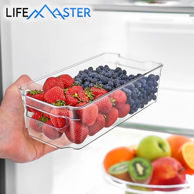 Lifemaster Stackable Plastic Freezer Organizer Bins - Clear Storage Containers for Fridge and Freezer, Pantry Bins for Organizing, Multi-Use Clear Storage for Kitchen, Closet or Pantry - 6 pack