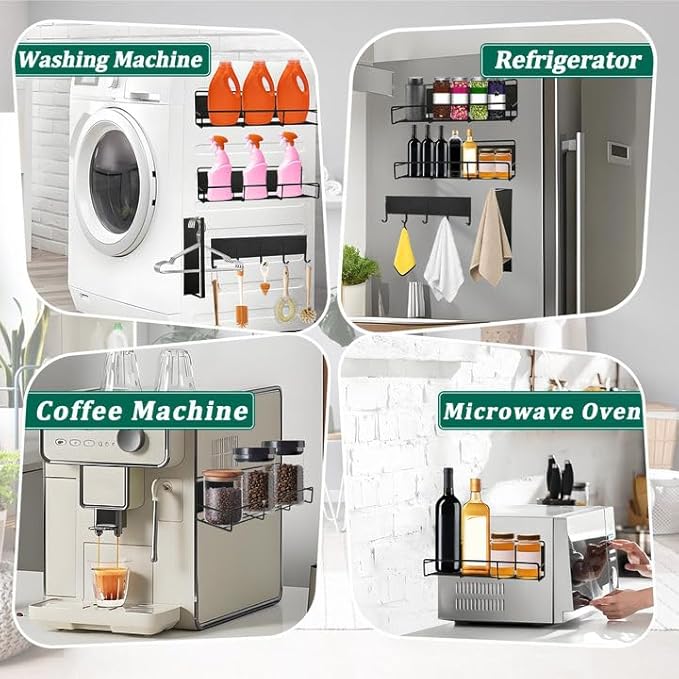4 PCS Magnetic Shelves for Washing Machine Magnetic Washing Machine Shelf Magnetic Laundry Organizer Magnetic Hanger Holder for Laundry Room(Black)