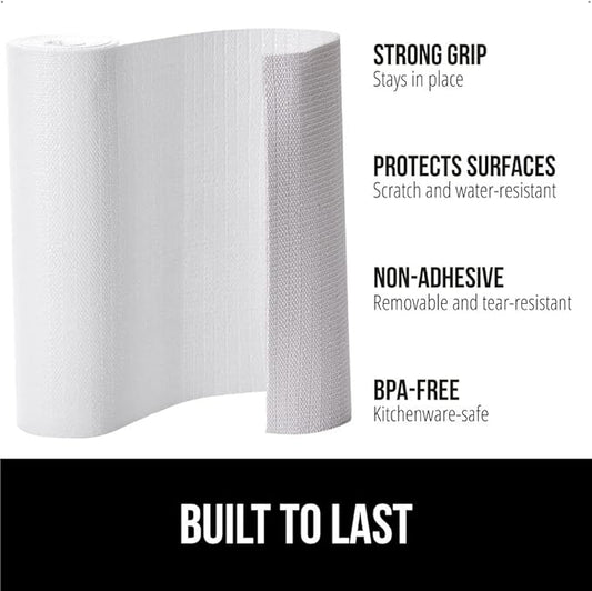 GORILLA GRIP DripGuard Shelf Liner, Non Adhesive Drawer and Kitchen Cabinet Protector, Slip Resistant BPA Free Smooth Surface Plastic Liners for Cabinets, Bathrooms, Closets, 12x120 Inch, White
