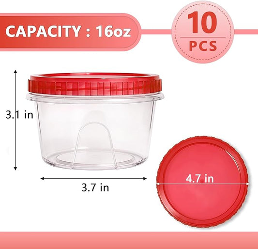 Slomg 10 Pack 16 oz Freezer Storage Containers with Red Twist Top Lids, Small Plastic Food Storage Soup Meal Prep Containers, Leakproof Overnight Quart Containers for Lunch Leftover Fruit Salad Oat