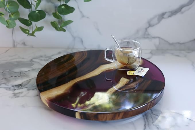 Handmade 16" Wood and Epoxy Resin Lazy Susan, Turntable for Kitchen Countertop, Rotating Display Stand, Round Wooden Platter, Organizer and Storage for Dining Table (Clear Purple)