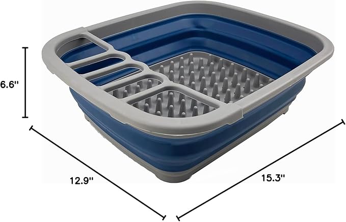 SAMMART 8L (2.11Gallons) Collapsible Plastic Dish Drainer - Foldable Drying Rack - Portable Dinnerware Organizer - Space Saving Kitchen Utensil Storage Tray (Grey/Mist Blue)