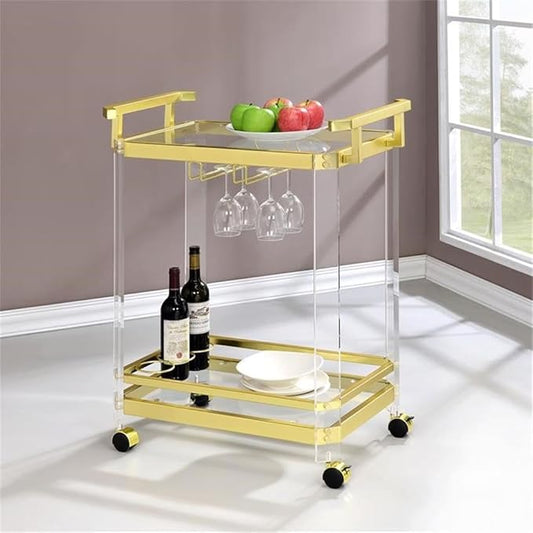 BOWERY HILL Modern Acrylic and Finished Metal Serving Cart in Gold