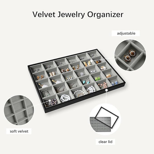 Wudygirl Jewelry Organizer 30 Grid Jewelry Tray with Lid Earring Holder Organizer for Women Ring Earring Bracelet Holder Storage (Pu Black Gray)