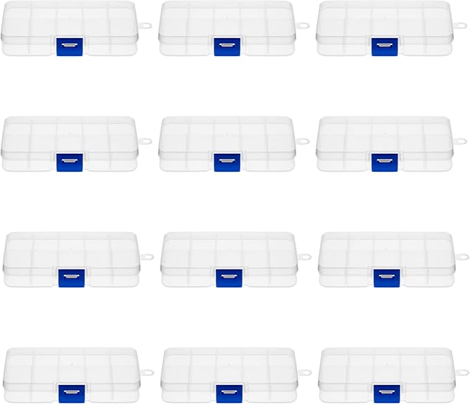 Juvale 12-Pack Mini Tackle Box Organizer - Clear Plastic, 5 x 2.6 x 0.8 In - Customizable Dividers for Screw & Bead Storage - Craft & Earring Storage Containers