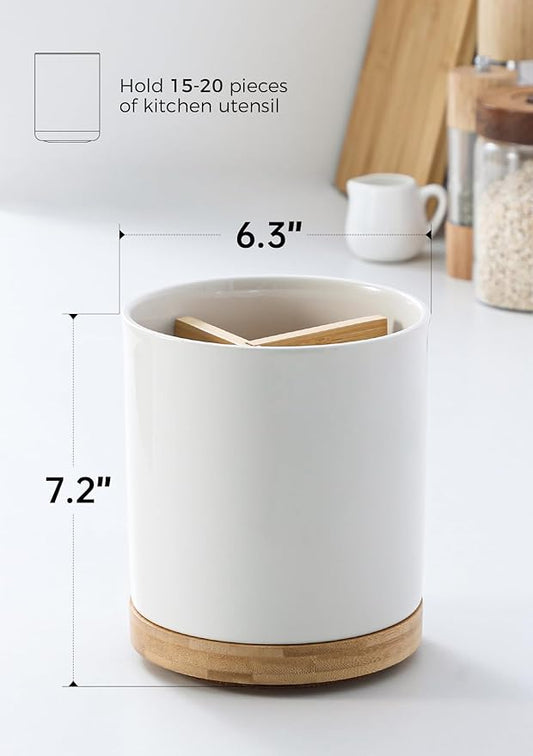 LoeJan 3 Compartment Utensil Holder, Extra Large Utensil Crock, Stable Ceramic Utensil Organizer, Cooking Tool Organizer Set for Kitchen Counter Farmhouse Decor (C-White(Grossy))