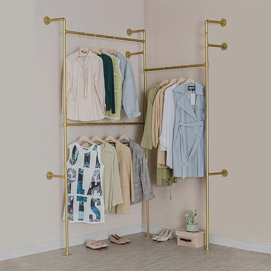 Modern Simple Industrial Pipe Double Hanging Rods Clothing Rack, Clothes Rack Wall Mounted Heavy Duty Hanging Clothes Rack, Detachable Garment Bar 93.7X84inch (Gold)