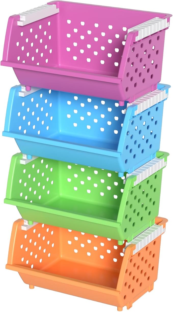 4 Packs Plastic Storage Basket Stackable, Stacking Storage Baskets Open Front