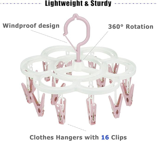 Clothespin Rack Laundry Drying Rack,Clothes Hangers with 16 Clips,Clip Hanger Drip Hanger for Drying Underwear,Baby Clothes,Socks,Bras,Towel,Pants,Hat,Scarf,Cloth Diapers,Gloves (Light Pink)