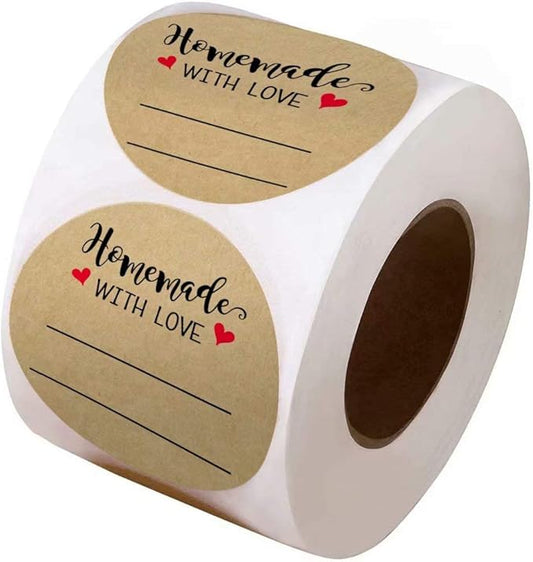 2 Inch Homemade with Love Sticker with Lines for Writing (500 Labels per roll) Brown Kraft Stickers for Canning Labels Jar, Store Owners, Crafts, Organizing, Gift, Price Tags, Envelop Seal