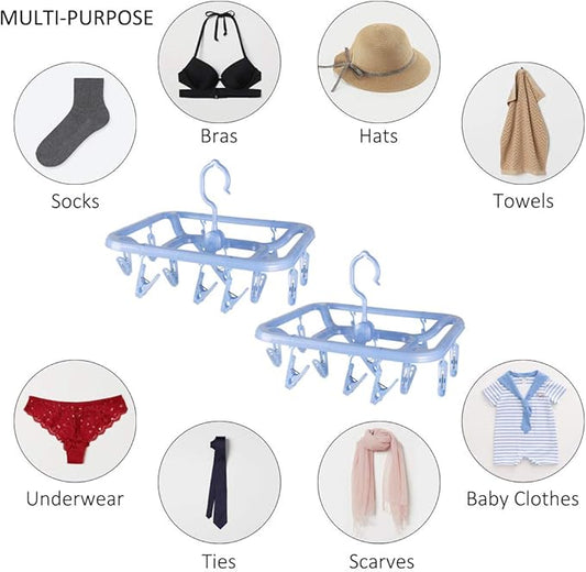 Small Clip & Drip Hanger 2-Pack, 12 Clips & 360 Rotatable Hook, Drying Hanger for Towels, Bras, Baby Clothes, Gloves, Blue