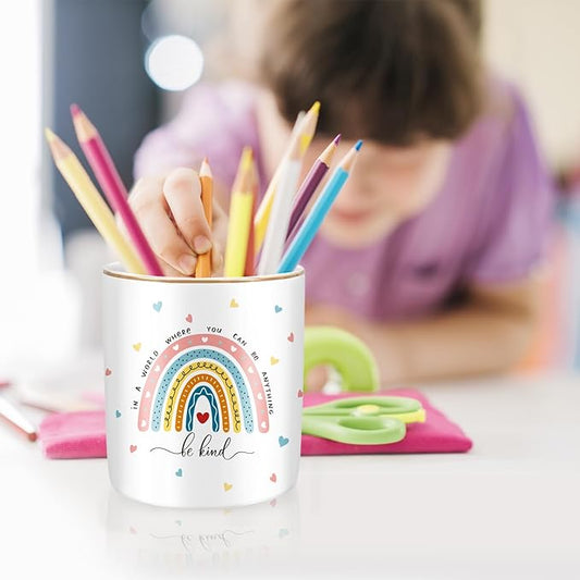 WAVEYU Pen Holder, Ceramic Durable Pencil Cup for Desk, Simple&Modern Style Makeup Organizer, Cute Multifunctional Office Supplies for Home, Kids and School, Rainbow Pattern