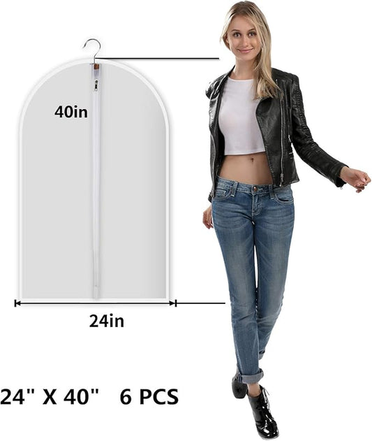 6 Pack Garment Bags for Hanging Clothes (24x40") - Dustproof Suit Bags for Closet Storage - Durable PEVA Covers with Sturdy Zipper for Coats, Jackets & Dresses (Translucent)