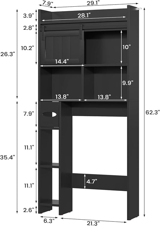 Semoic Over The Toilet Storage Cabinet, Over The Toilet Shelf with Sliding Door & Toilet Paper Holder Stand, Bathroom Above Toilet Storage, Home Space-Saving Toilet Rack for Bathroom, Restroom, Black