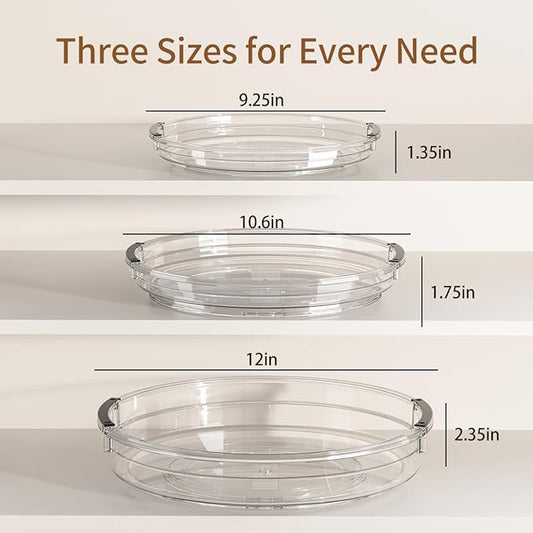 KEGFRE 3 Pack Lazy Susan Organizer, Rotating Turntable Spice Rack for Kitchen Storage, Pantry, Cabinet, Fridge & Countertop, Condiment & Seasoning Holder, 9.25", 10.6", 12", Clear