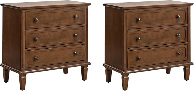 HULALA HOME 3 Drawer End Table with Charging Station, Wooden Drawer Organizer with Wood Legs, Mid Century Modern End Table Set of 2, Walnut