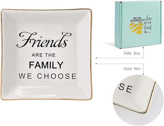 HOME SMILE Birthday Christmas Funny Gifts for Best Friend-Ceramic Ring Dish Jewelry Tray-Friends are Family We Choose