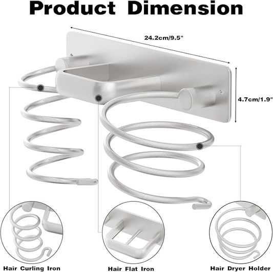 hicorfe Hair Dryer Holder 3 in 1 Hair Tool Organizer,Blow Dryer Holder Wall Mounted,Bathroom Bedroom Care Styling for Flat Iron,Curling Iron,Hair Straightener(Silver)