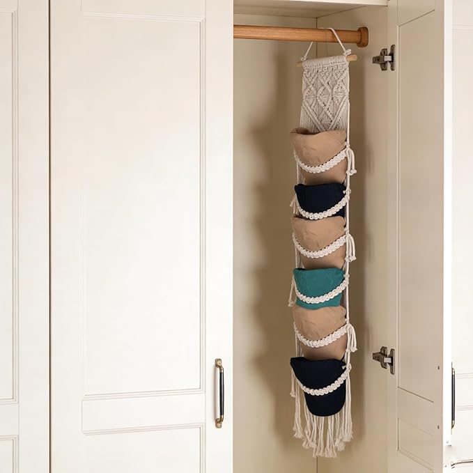 KaloKalo Macrame Cap Holder Boho Hat Hangers Over Door Ball Cap Rack Organizer Decorative Bohemian Handmade Woven Wall Hanging for Baseball Cap Display Decoration (Ivory, Up to 12 Caps)
