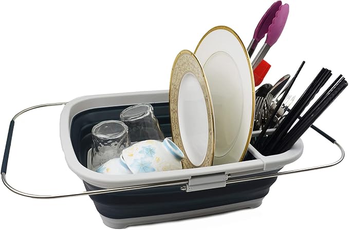 SAMMART 8L (2.11Gallons) Expandable Collapsible Dish Drainer - Foldable Drying Rack - Portable Dinnerware Organizer - Space Saving Kitchen Storage Tray (Grey/Slate Grey, 1)
