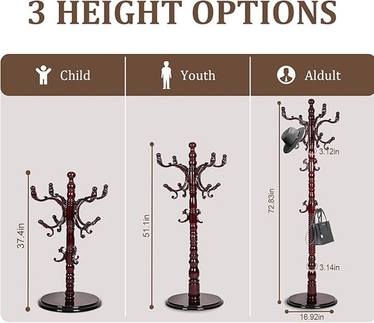 73”Vintage Wooden Coat Rack Freestanding,With 14 Hooks and Sturdy Round Base.Sturdy and Durable Standing Coat Racks,Adjustable Wooden Freestanding Coat Rack for Offices, Bedrooms (Mahogany)